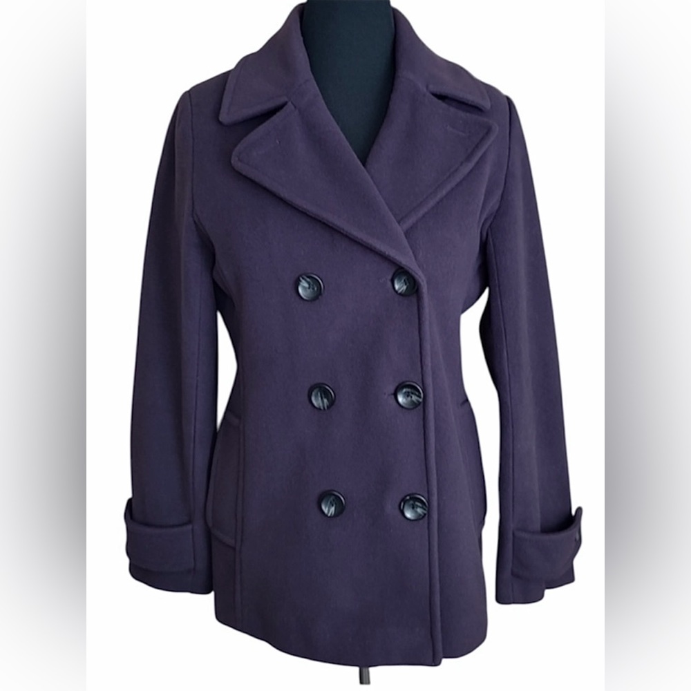 Lands End Purple Wool Blend Double Breasted Peacoat